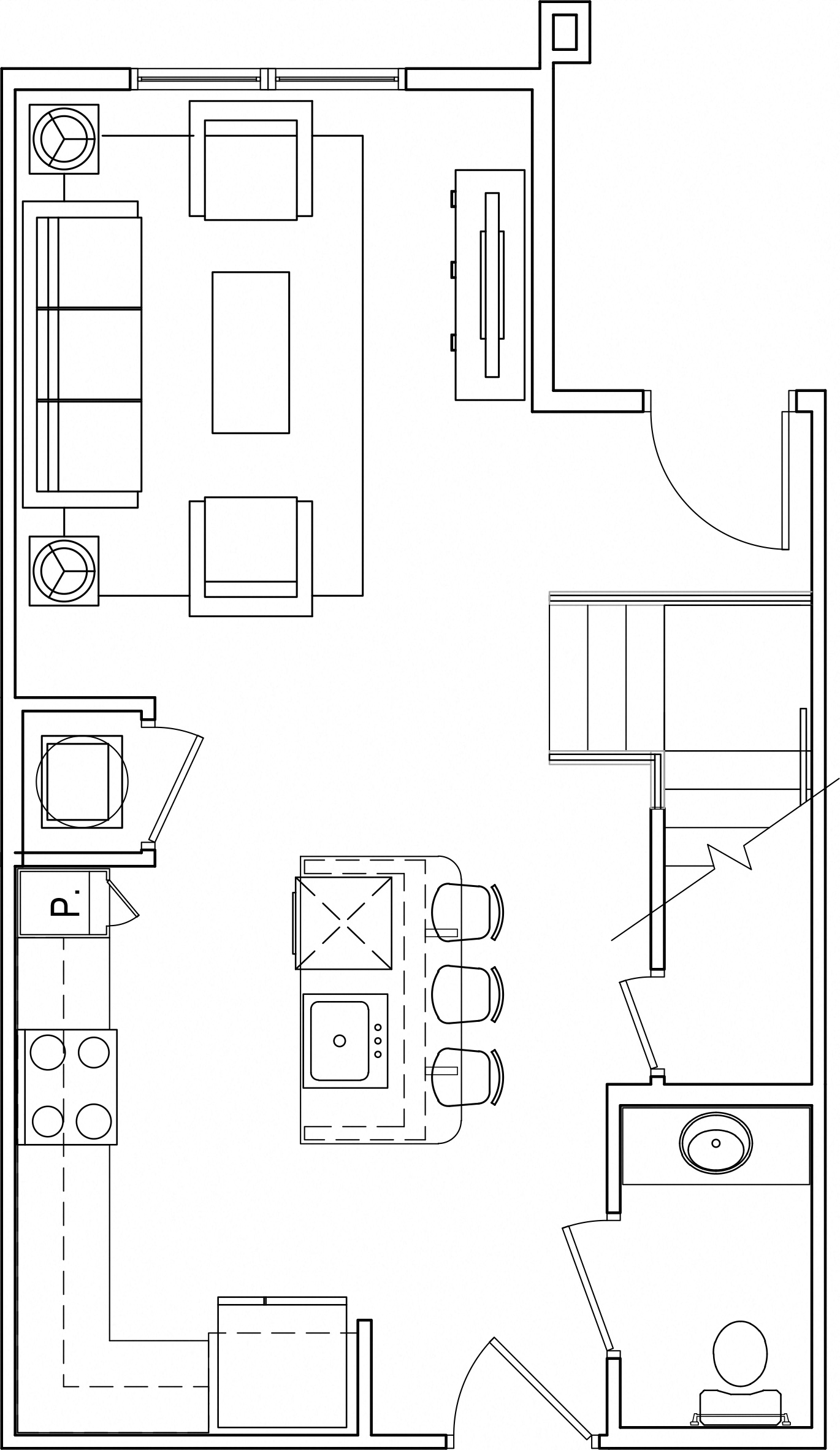 Floor plan for 1 bed, 1.5 baths, 1258 sqft
